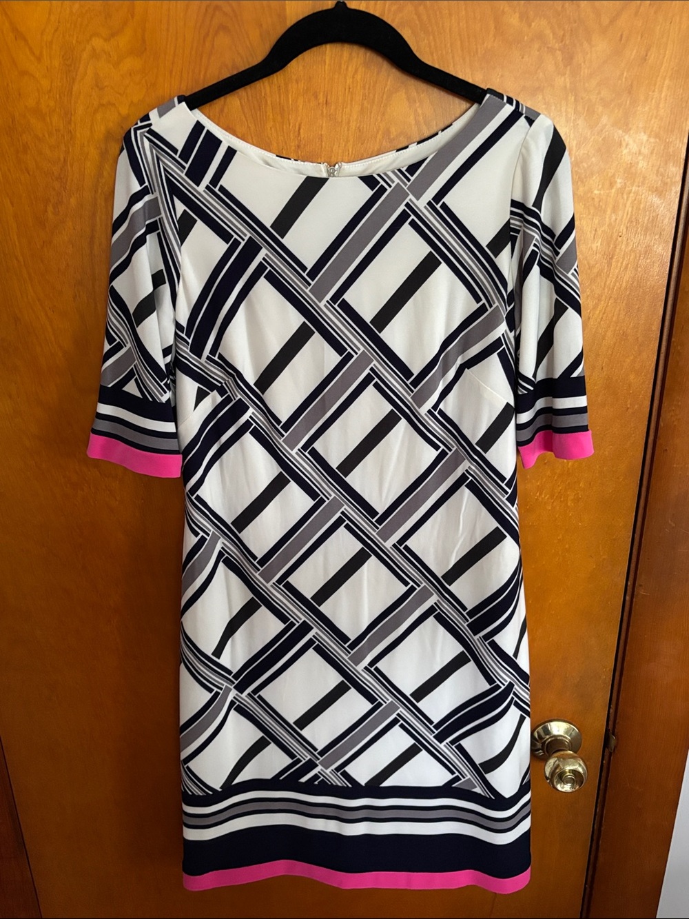 Vince Camuto White Navy Geometric Asymmetrical Dress with Pink Accents - Picture 5 of 5